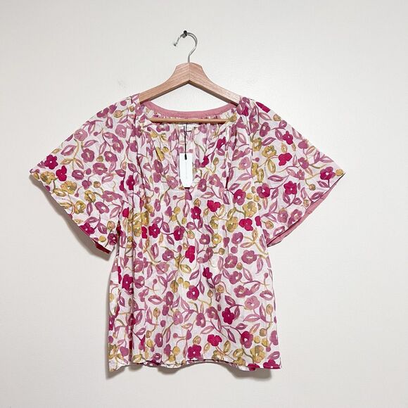 Velvet by Graham & Spencer Anthropologie Floral Flutter Sleeve Blouse NEW Large - Picture 2 of 6